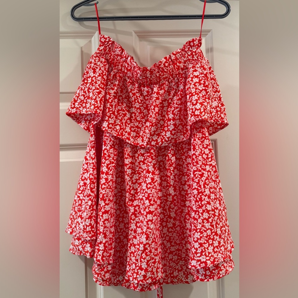 Pink Lily Red and White Floral Strapless Romper